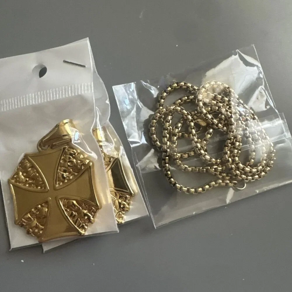 Viking Nordic Cross Skull Pendant Stainless Steel 24 Inch Chain Faith Gold Plate
